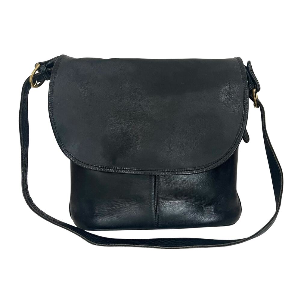 Vintage Black Leather Purse 90s Crossbody Shoulder Bag Large Flap Close